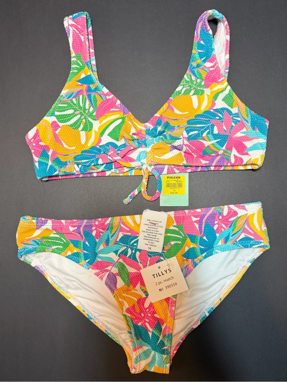 Full Tilt Girls Tropical Leaf Bikini - Pink, Yellow, Blue, Green